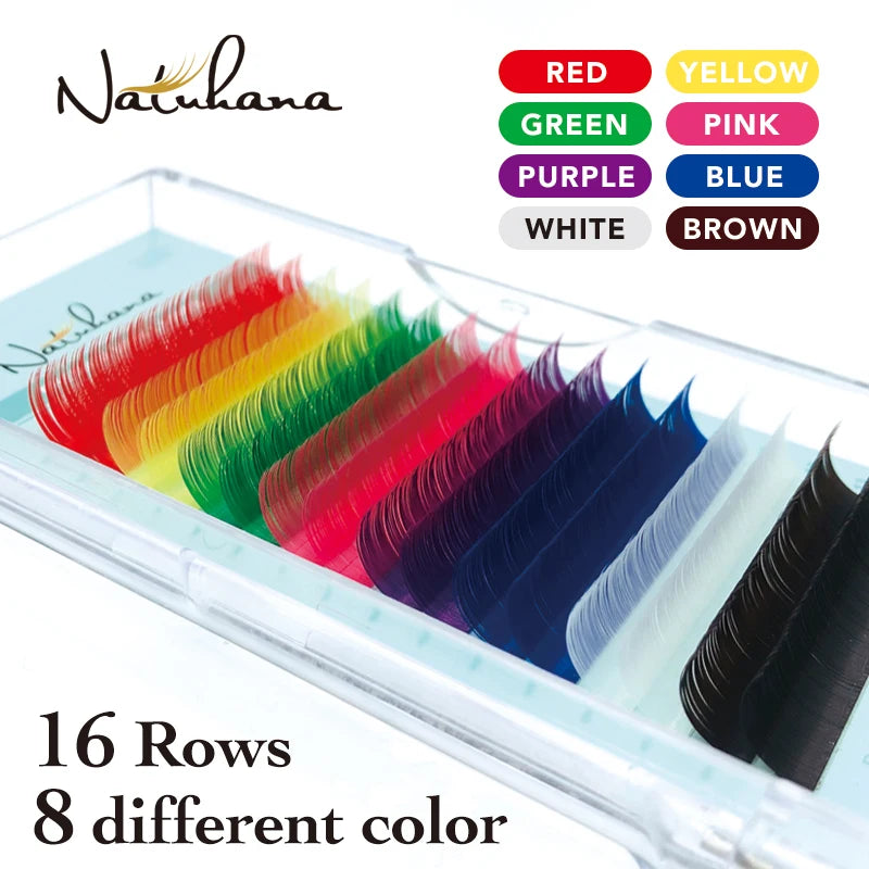 NATUHANA Lashes 16rows Mix Rainbow False Mink Eyelash Extension Faux Qme C 0.07mm 9mm