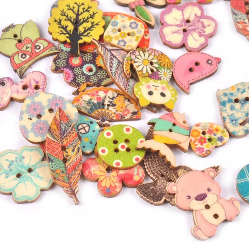 2 Hole Vintage Mixed Cartoon Painting Wooden Buttons For Clothes Sewing Crafts Scrapbooking DIY Kid Apparel Supplies 25pcs m1893 Qme