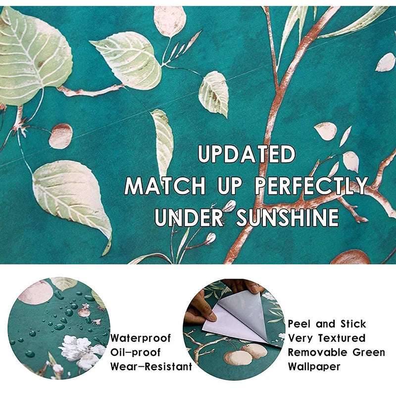 Green Floral Peel Stick Wallpaper Vintage Vinyl Stickers Flower&bird Qme