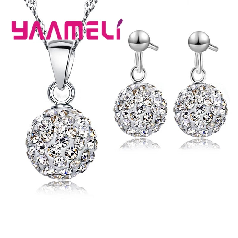 925 Sterling Silver Stamped Bridal Jewelry Sets Women Girls Wedding Gifts Austrian Crystal CZ Disco Ball Necklace Hoop Earrings Qme White 2