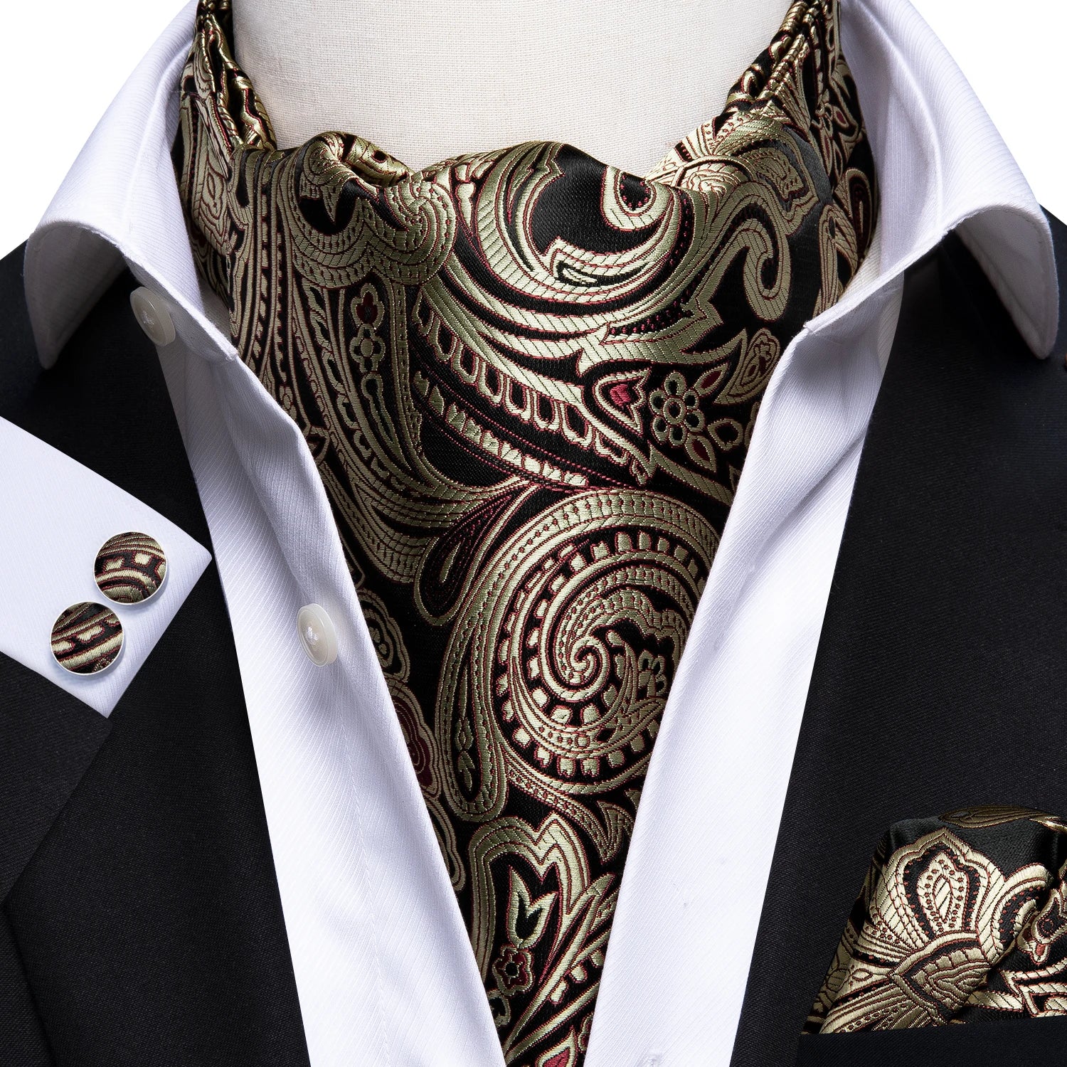 Hi-tie Silk Men's Ascot Pocket Square Cufflinks Jacquard Floral Qme AS-1048