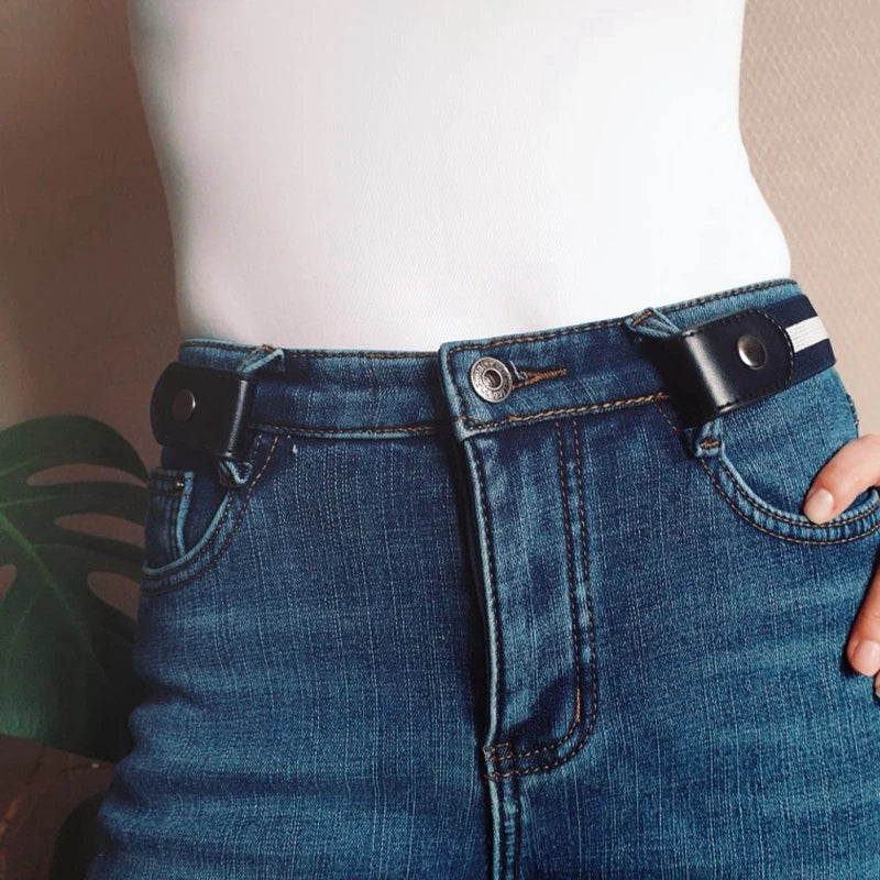 Womans Belt Buckle-free Waist Jeans Pants No Buckle Stretch Elastic Qme