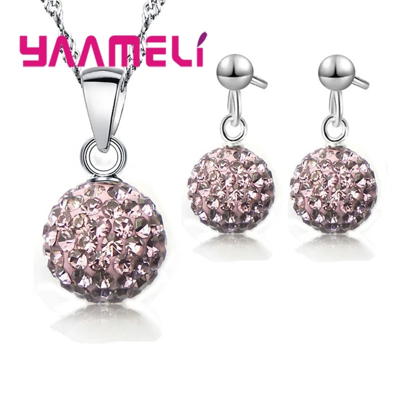 925 Sterling Silver Stamped Bridal Jewelry Sets Women Girls Wedding Gifts Austrian Crystal CZ Disco Ball Necklace Hoop Earrings Qme Light Purple 2