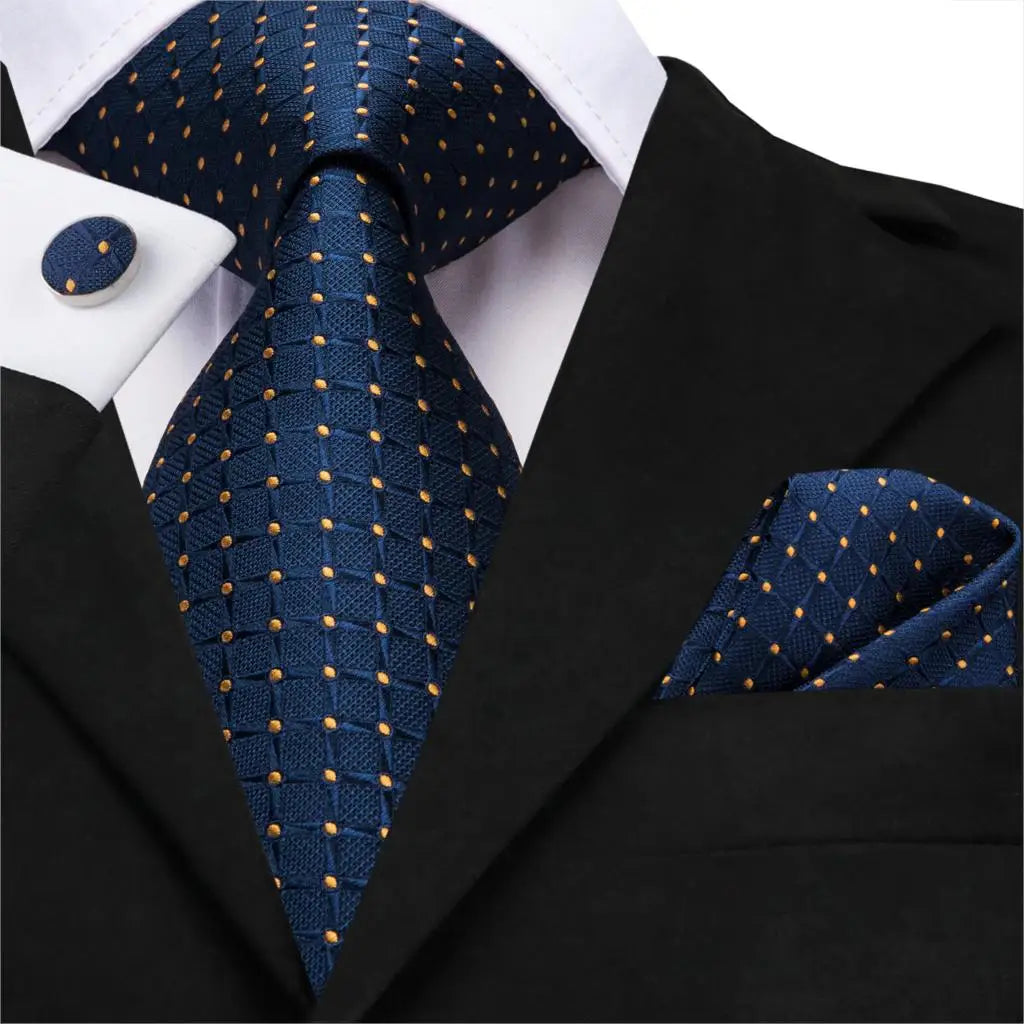Business Tie Men Silk Blue Dots Necktie Plaid Cufflinks Wedding Qme