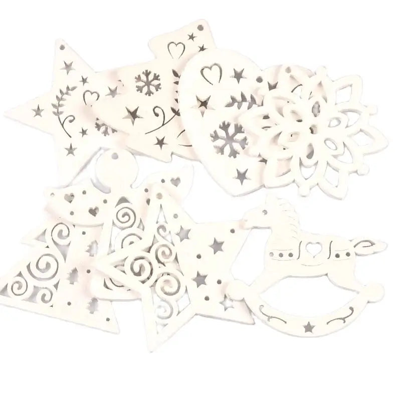 5pcs+1m hemp rope Christmas Tree Ornament Wooden Hanging Pendants White angels/stars/snowflakes Christmas Decorations for Home Qme