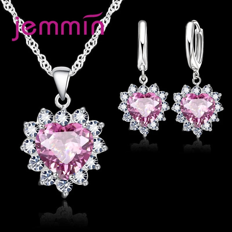 Top Sale Wding Engagement Anniversary Gift Jewelry Sets 925 Silver Color Stamped Heart Pendant Hoop Earrings for Women Girls Qme
