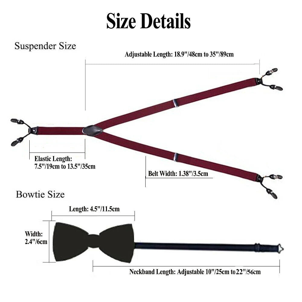 Hi-Tie Silk Men's Suspender Metal 6 Clips on Braces Bow Tie Hankerchief Cufflinks Male Wedding Party Business Vintage Adjustable Qme