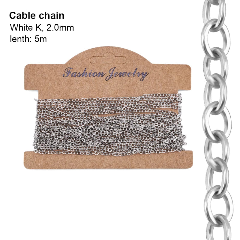 6 Types Jewelry Making Chains Plated Silver Gold Copper Cable Link Chains For DIY Jewelry Necklace Bracelet Crafts 5 Meters Qme Cable white K 2.0