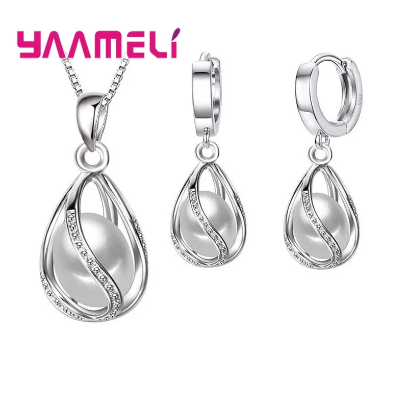Elegant Gift Jewelry Sets for Women Female 925 Sterling Silver Color Rotating Freshwater Pearl Pendant Necklace Huggie Earrings Qme White Pearl