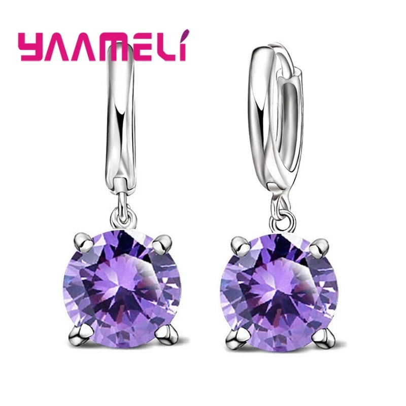 Real 925 Pure Sterling Silver Plated Dangle Earrings CZ Crystal Big Round Earwires for Women Girls Gift Fashion Wedding Jewelry Qme Purple