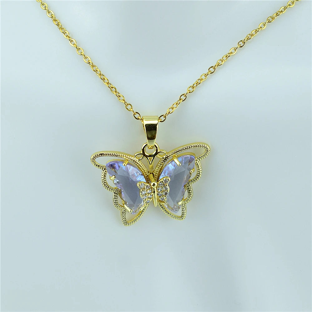 New Fashion Sweet Women Girl Heart Crystal Butterfly Pendant Necklace Jewelry Elegant Charm Jewelry Gifts Accessories Wholesale Qme 3