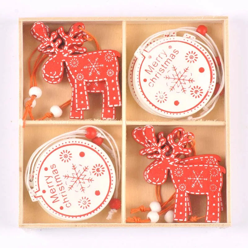 12Pcs/box New Cartoon Christmas Decorations Wooden Pendant Xmas Tree Hanging Ornaments Handmade Home Supplies Kid Gifts c2729 Qme