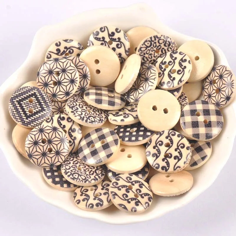 18mm 50Pcs Random Mix Printing Wooden Buttons Sewing Accessories DIY Clothes Handmade Crafts Scrapbooking Home Decor m2643 Qme