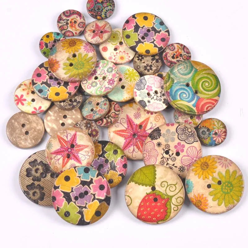 30Pcs Mixed pattern Printing coconut husk Buttons Sewing Accessories DIY Clothes Handmade Scrapbooking Home Decor 2Holes m2641 Qme