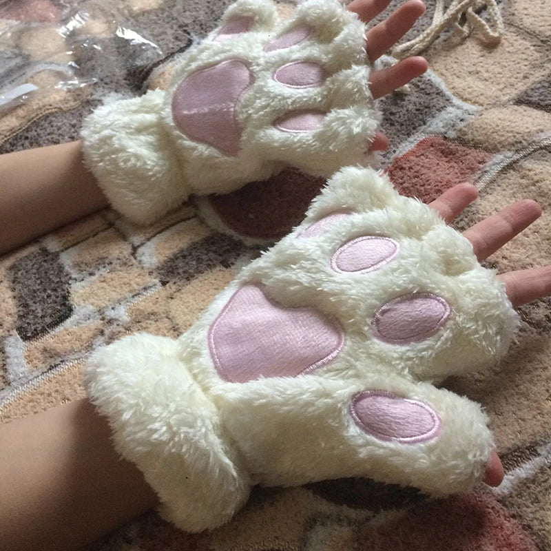 New Winter Gloves Women Bear Plush Cat Paw Claw Gloves Cute Kitten Fingerless Mittens Christmas Halloween for Girls Gift Gloves Qme