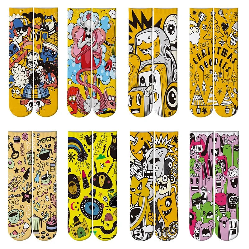 Mens Sock Funny Cartoon Doodle Pattern Hip Hop Cool Socks Women Happy Qme