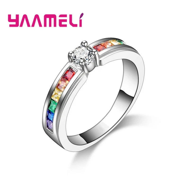 Real 100% 925 Sterling Silver Color Rainbow Cubic Zircon Rings For Women Wedding Lovely Engagement Proposal Ring Accessory Qme