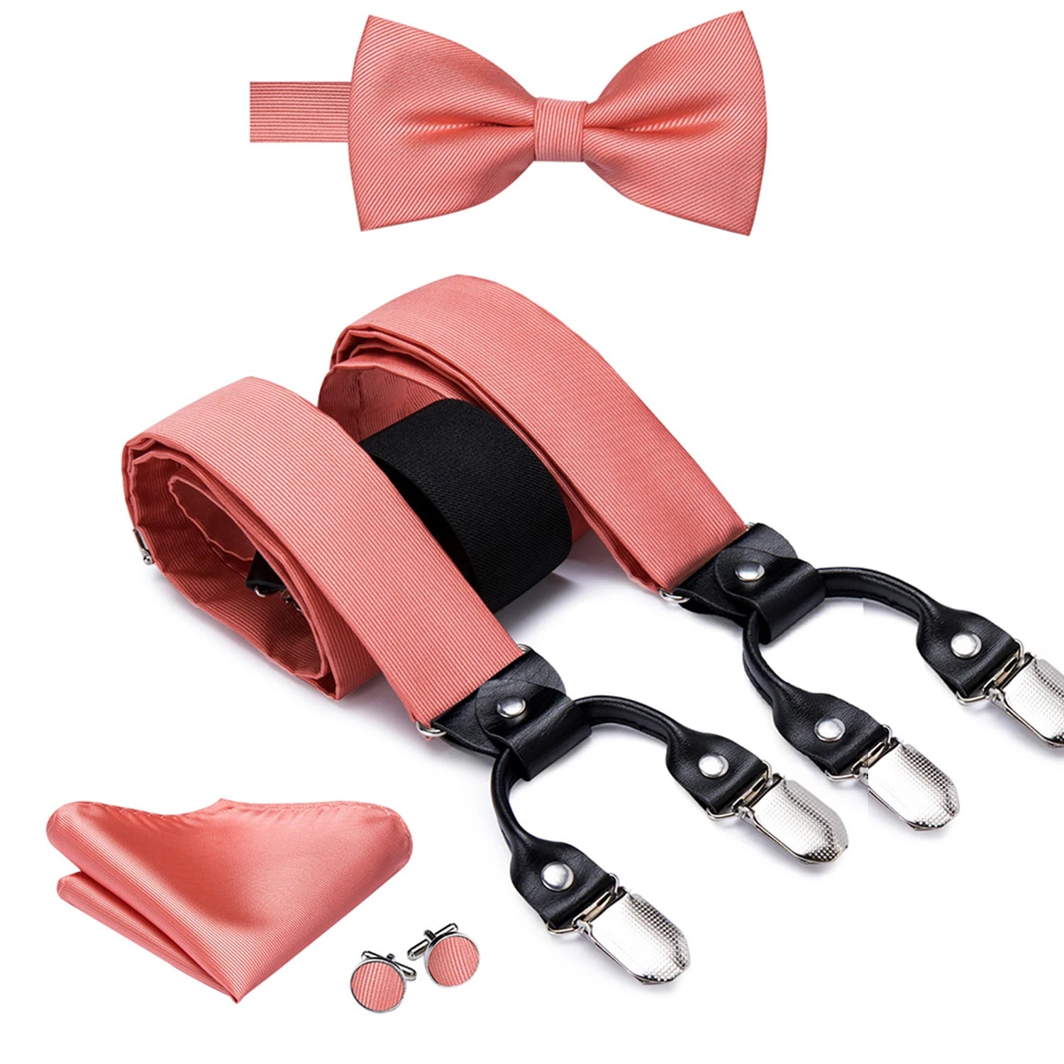 Hi-Tie Silk Men's Suspender Metal 6 Clips on Braces Bow Tie Hankerchief Cufflinks Male Wedding Party Business Vintage Adjustable Qme BD-3032