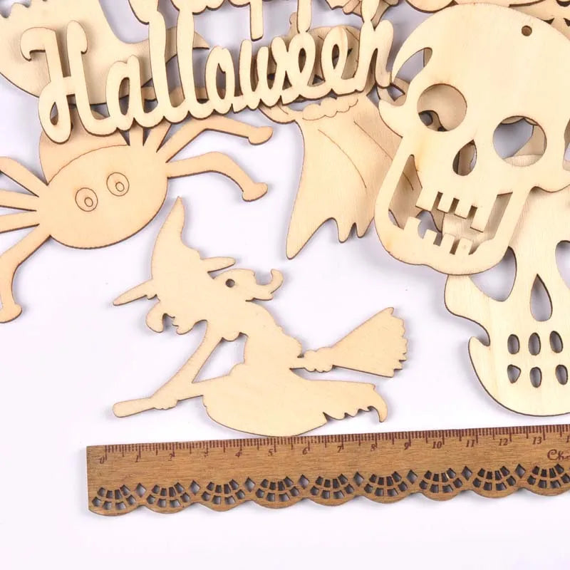 Mixed Natural Wooden Halloween Pendant Wood Slices DIY Crafts Hanging Handmade Accessory Home Party Decor 60-100mm 10Pcs M2708 Qme