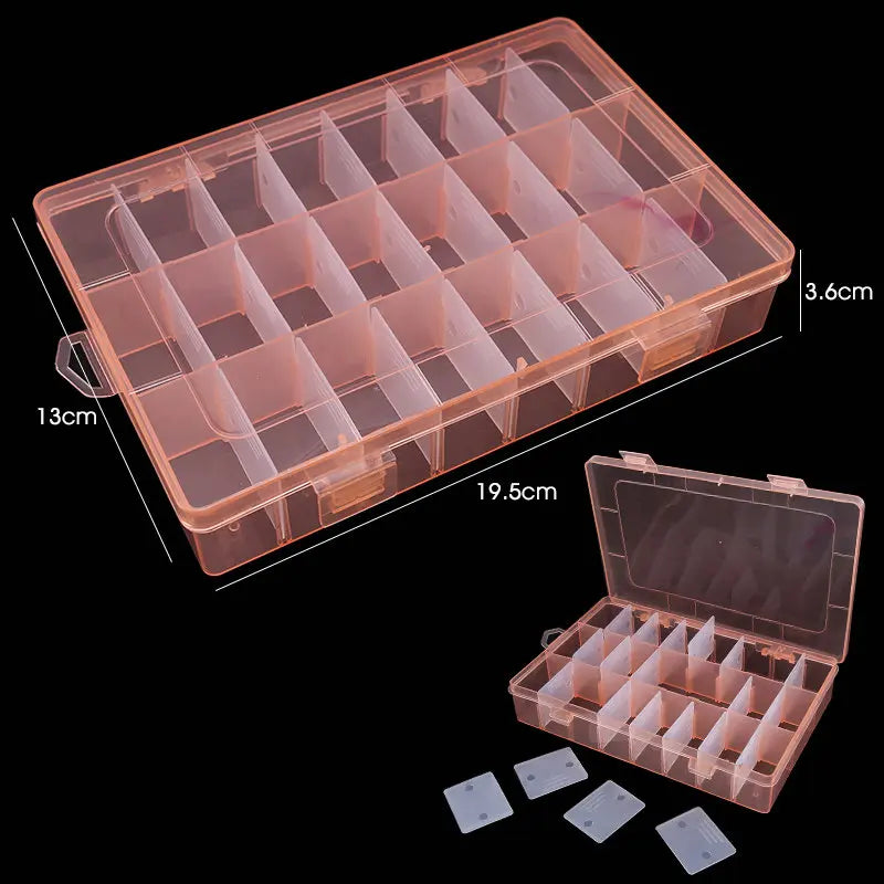 19.5x13x3.5CM Rectangle Adjustable Jewelry Container Box Case Compartment Plastic Storage Box for Beads Earrings 24 Slots 1PCS Qme Pink