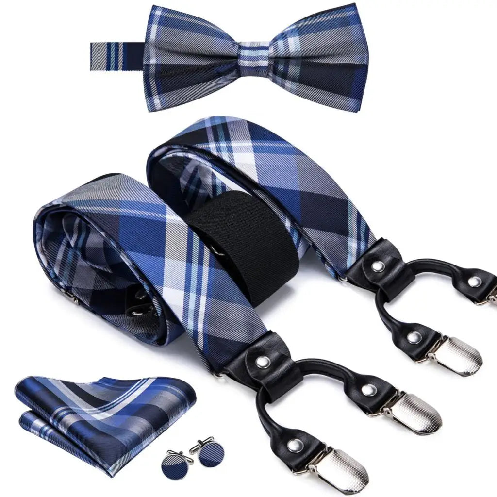 Hi-Tie Silk Men's Suspender Metal 6 Clips on Braces Bow Tie Hankerchief Cufflinks Male Wedding Party Business Vintage Adjustable Qme BD-3003