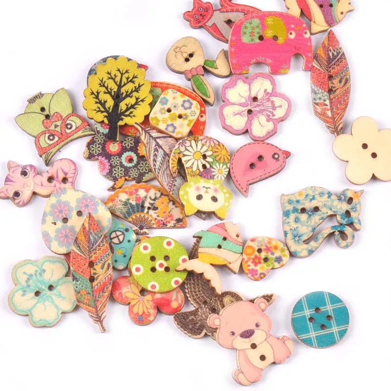 2 Hole Vintage Mixed Cartoon Painting Wooden Buttons For Clothes Sewing Crafts Scrapbooking DIY Kid Apparel Supplies 25pcs m1893 Qme