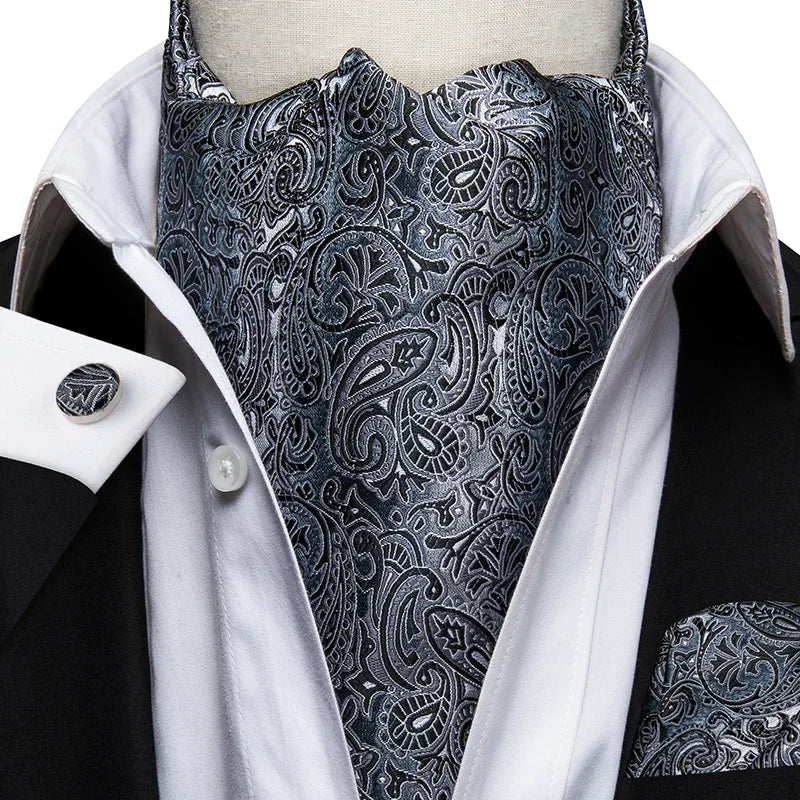 Hi-tie Silk Men's Ascot Pocket Square Cufflinks Jacquard Floral Qme AS-1022