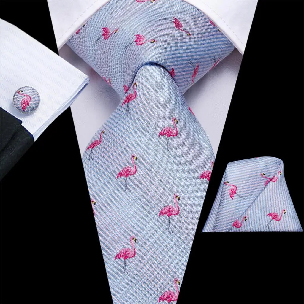 Hi-tie Designer Pink Blue Flamingo Print Silk Ties Men Handkerchief Qme 3279