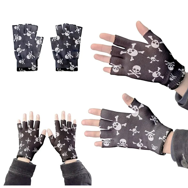Adult Halloween Skeleton Skull Half Finger Gloves Stretch Knitted Qme