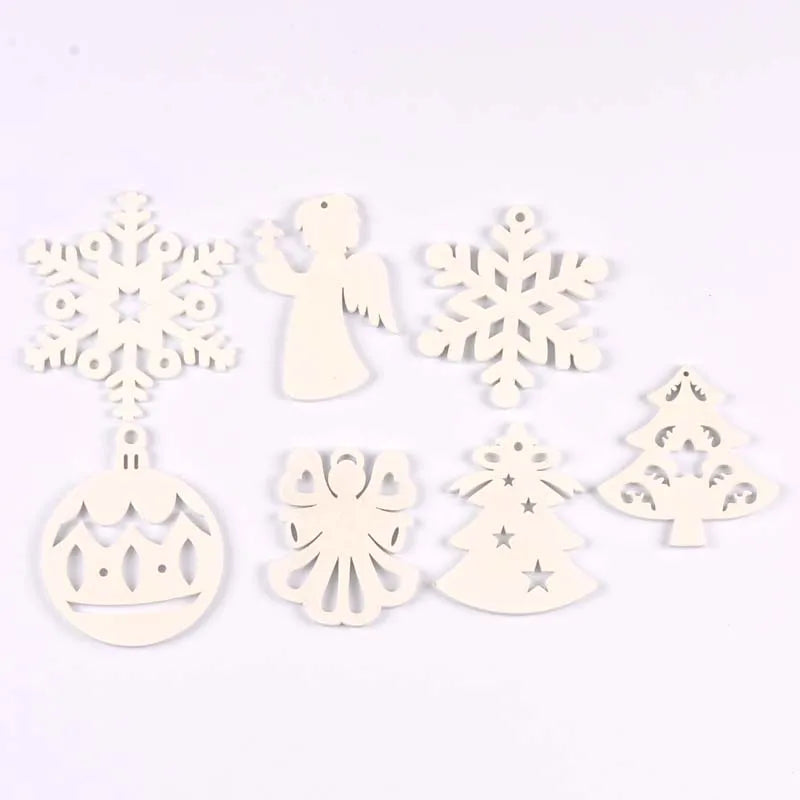 5pcs+1m hemp rope Christmas Tree Ornament Wooden Hanging Pendants White angels/tree/snowflakes Christmas Decorations for Home Qme