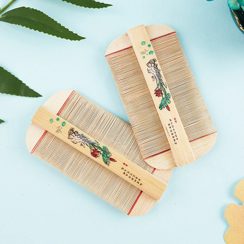 Chinese Traditional Bamboo Double Sided Lice Comb Handmade Dense Rose Qme
