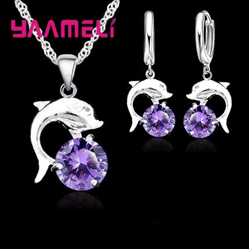 Jewelry Sets for Women Grils Wedding Engagement CZ Diamond 925 Sterling Silver Color Dolphin Pendant Necklace Hoop Earrings Qme
