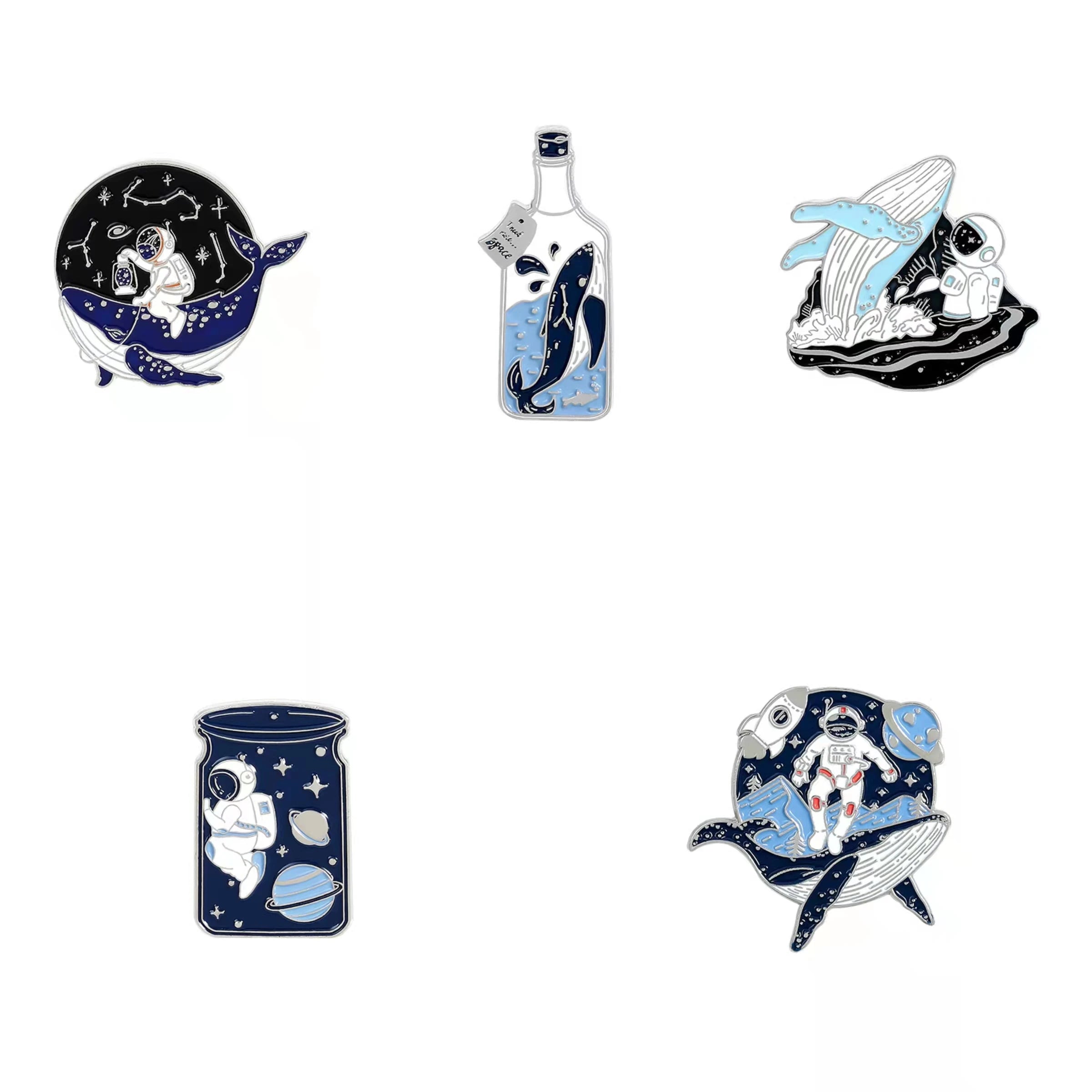 Cosmic Galaxy Astronaut Whale Enamel Lapel Pins Space Brooches Need My Space Badges Plante Pins Up Space Lover Jewelry Wholesale Qme silvery set