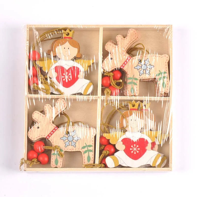 12Pcs/box New Cartoon Christmas Decorations Wooden Pendant Xmas Tree Hanging Ornaments Handmade Home Supplies Kid Gifts c2729 Qme