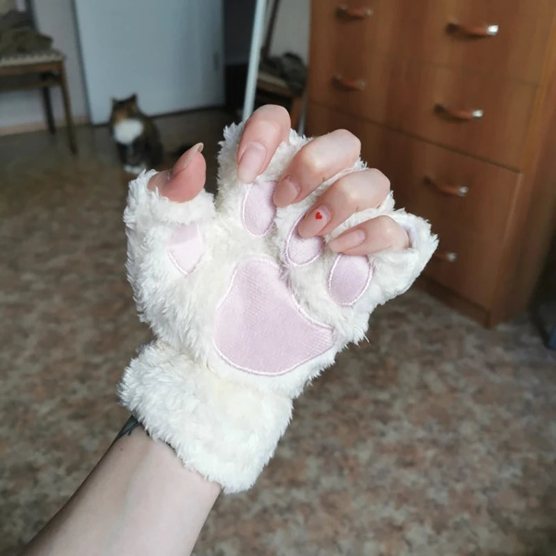 New Winter Gloves Women Bear Plush Cat Paw Claw Gloves Cute Kitten Fingerless Mittens Christmas Halloween for Girls Gift Gloves Qme