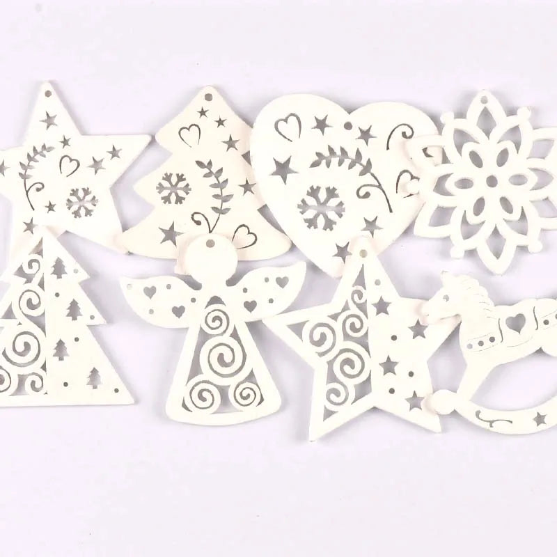 5pcs+1m hemp rope Christmas Tree Ornament Wooden Hanging Pendants White angels/stars/snowflakes Christmas Decorations for Home Qme mix