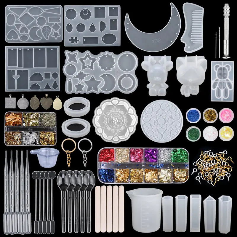 Epoxy Silicone Mold Set Jewelry Casting Mold Kit with Hand Drill, Glitter Sequins and Tools for Pendant Earring Keychain Making Qme
