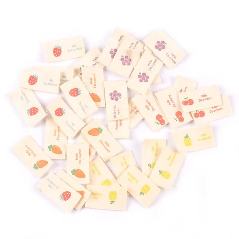 50Pcs Fruits Printed Cherry/Grape/Strawberry Labels Sewing Accessories Washable Care Bags Clothes Handmade Crafts Garment Tags Qme