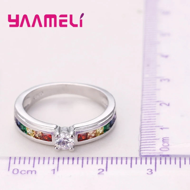 Real 100% 925 Sterling Silver Color Rainbow Cubic Zircon Rings For Women Wedding Lovely Engagement Proposal Ring Accessory Qme