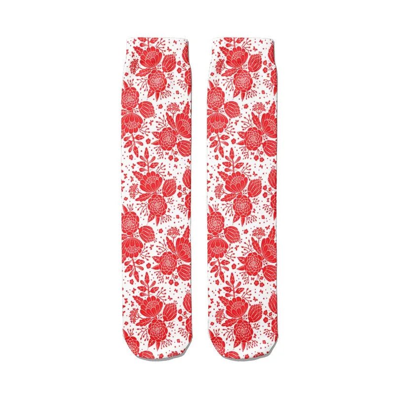 Women Nylon Long Socks 3D Print Cartoon Harajuku Heart Funny Tube Red Qme style3 One Size China Mainland