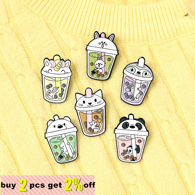 Cute Bubble Cat Penguin Boba Tea Enamel Pins Tapioca Milk Tea Lapel Pin Animal Badges Bag Kitty Brooches for Gift Wholesale Qme