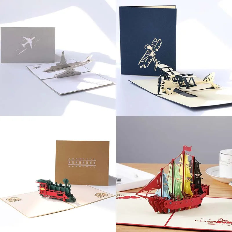 Train Aircraft Sailboat 3D Pop-Up Graduation Creative Greeting Card Production Vintage Postcard Gift Boy's Birthday Thanksgiving Qme