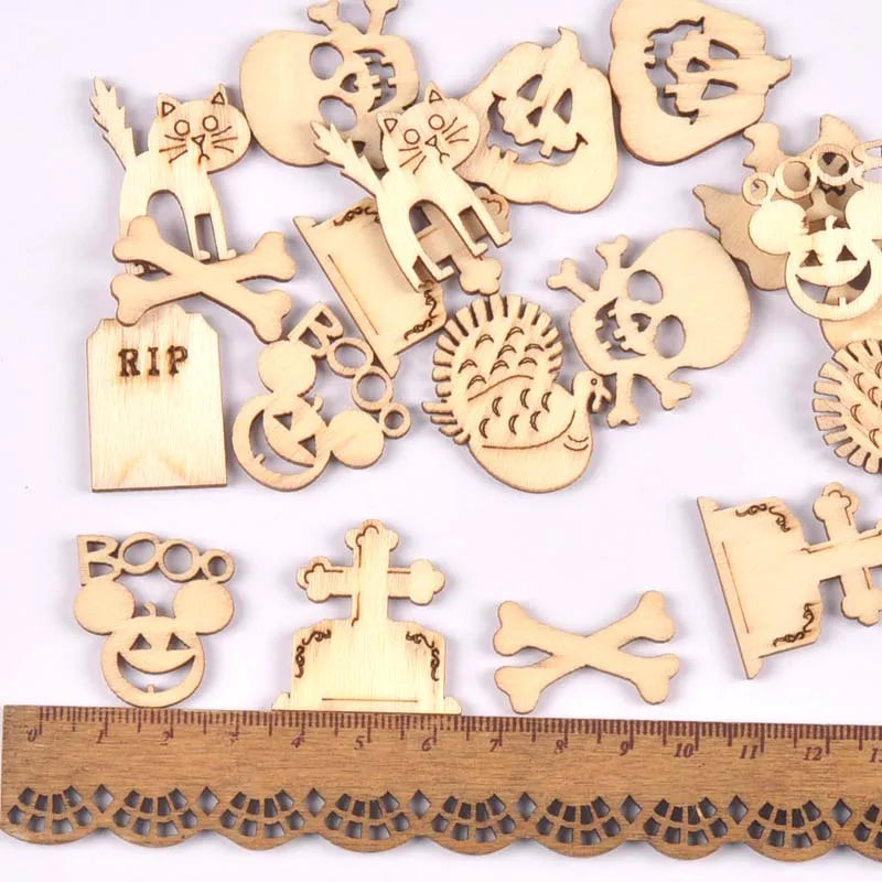 50Pcs Halloween Skull/pumpkin Wood Slices DIY Crafts Supplies Wooden Embellishments Handmade Scrapbooking Party Home Decor m2717 Qme