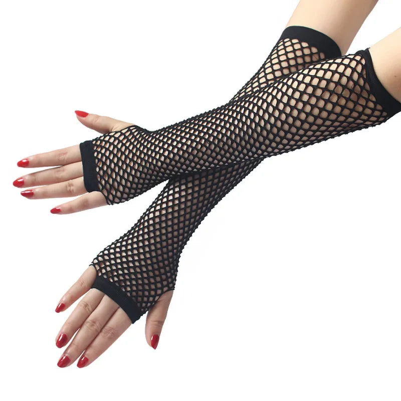 Women Fashion Neon Fishnet Fingerless Long Gloves Leg Arm Cuff Party Qme black Length -26cm