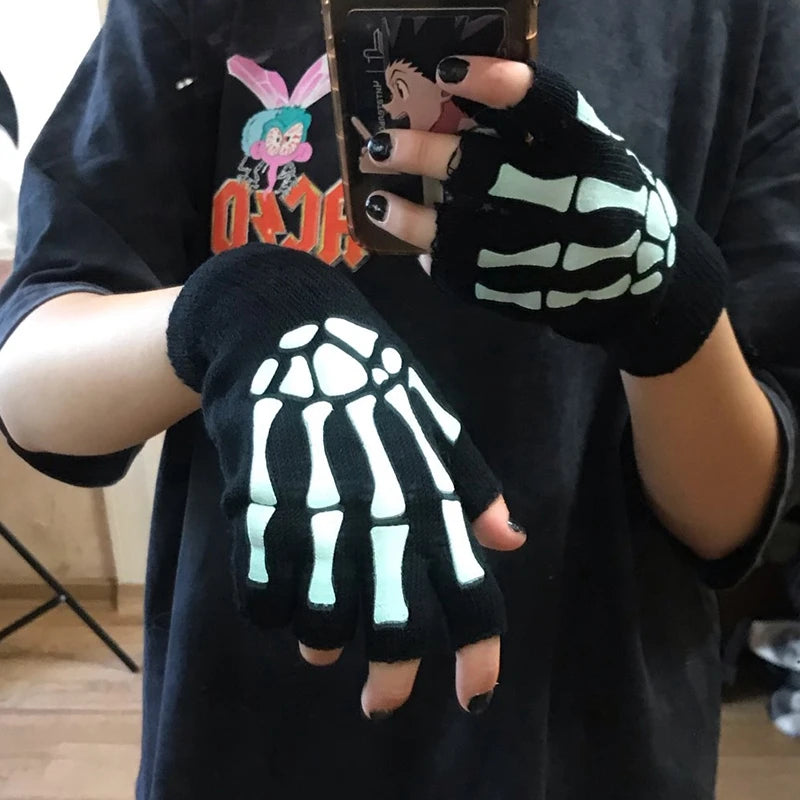 Punk Gloves Unisex Halloween Skeleton Skull Half Finger Glow Dark Qme