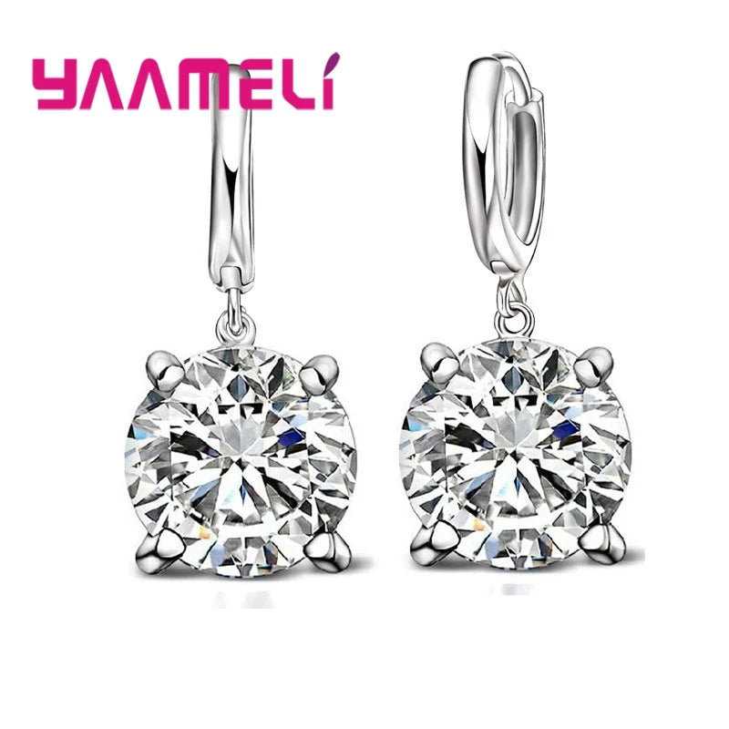 Real 925 Pure Sterling Silver Plated Dangle Earrings CZ Crystal Big Round Earwires for Women Girls Gift Fashion Wedding Jewelry Qme White