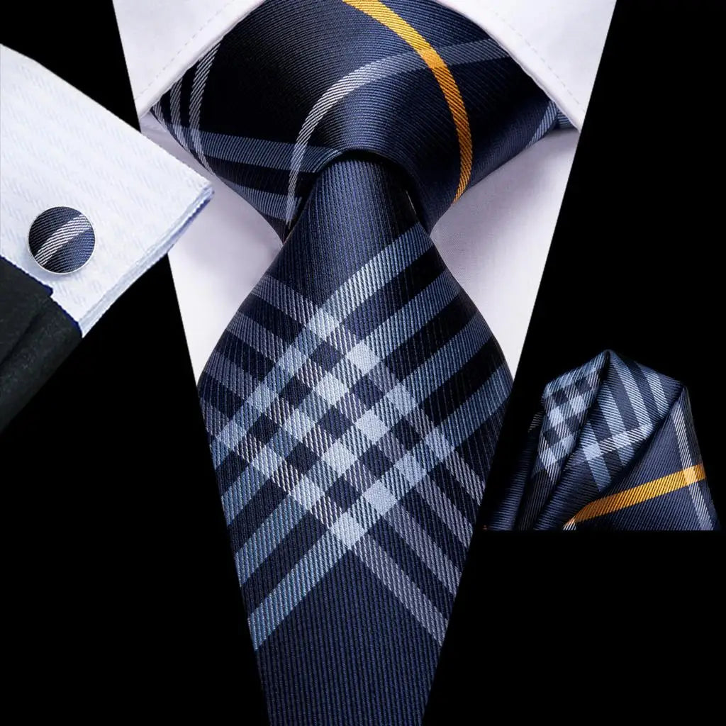 Designer Wedding Tie Men Blue White Plaid Handky Cufflink Red Gray Qme