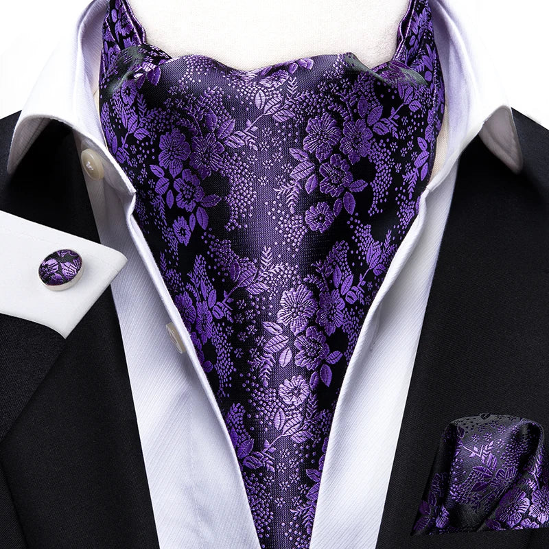 Hi-tie Silk Men's Ascot Pocket Square Cufflinks Jacquard Floral Qme AS-1042