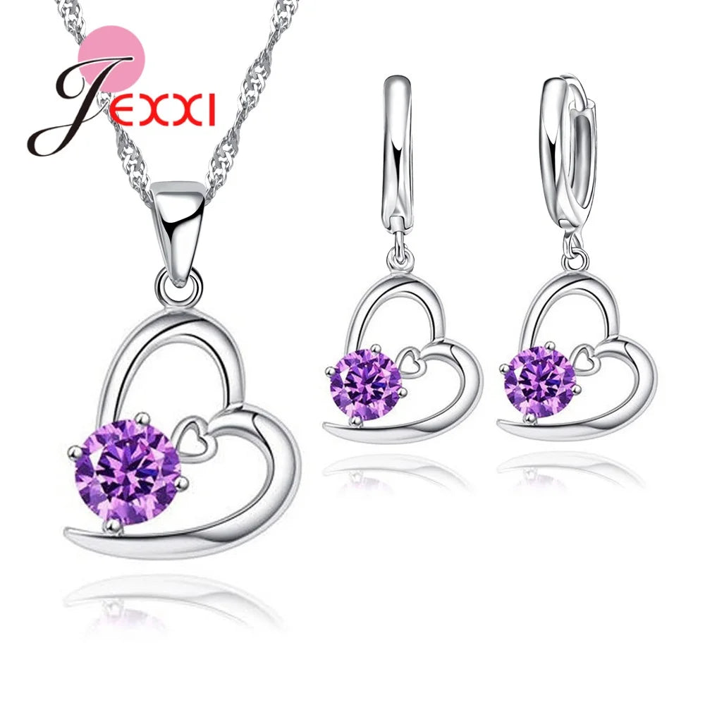 Charm Heart CZ Rhinestone Pendnat Necklace Earrings Women 925 Sterling Silver Color Engagement Jewelry Accessories Party Gifts Qme Purple