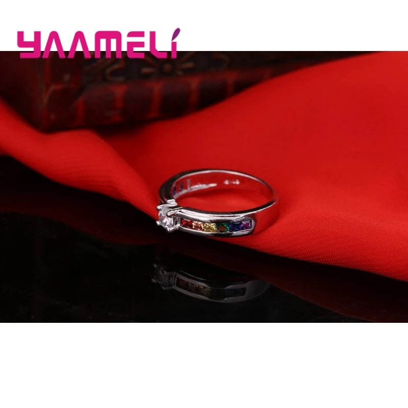 Real 100% 925 Sterling Silver Color Rainbow Cubic Zircon Rings For Women Wedding Lovely Engagement Proposal Ring Accessory Qme